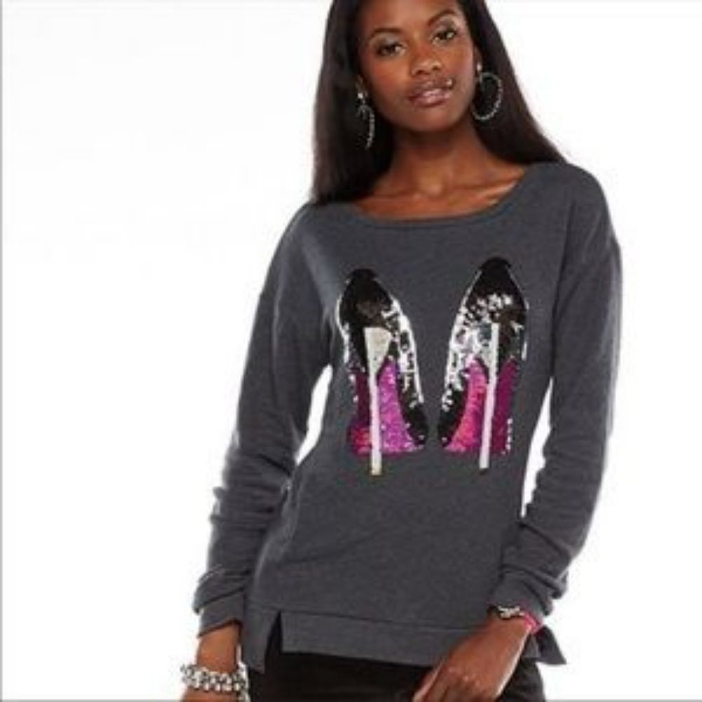 Juicy Couture Grey Sweatshirt w/Sequin High Heels Stiletto Design Size L…